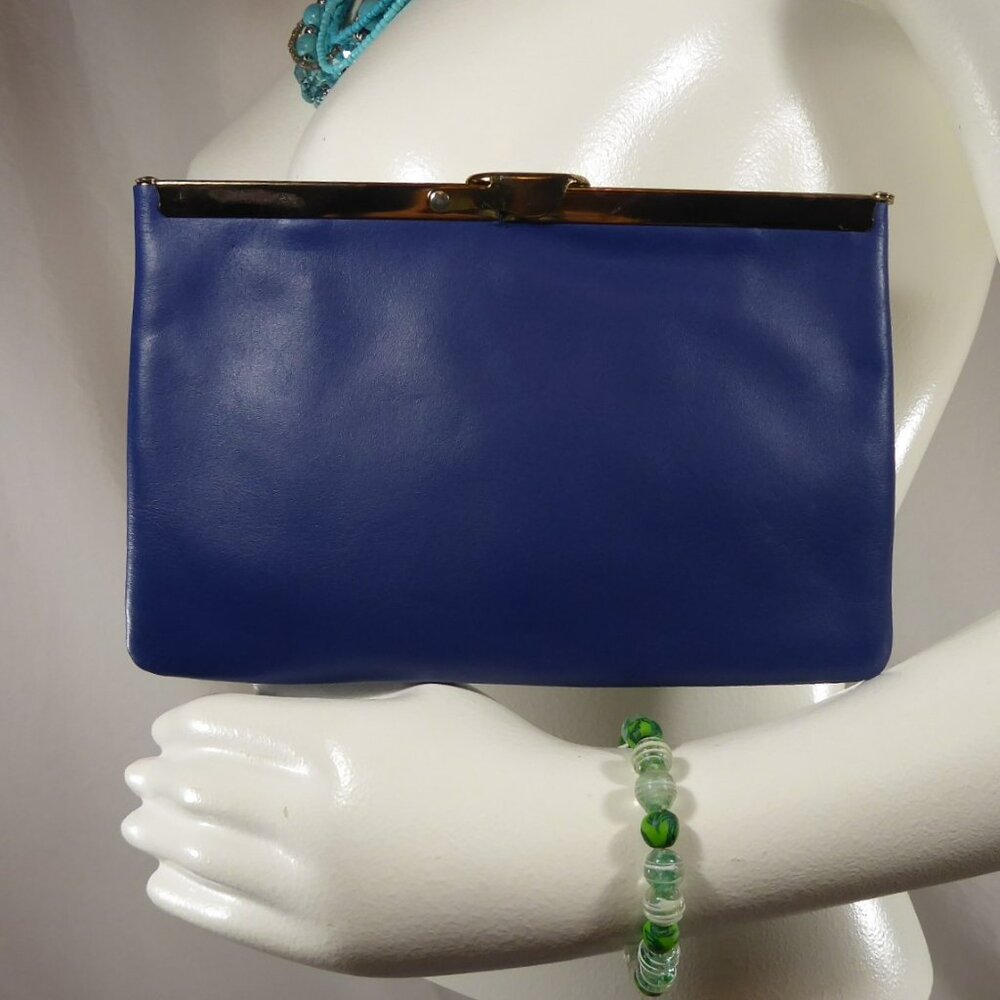Vintage 50s 60s ETRA Navy Blue Leather Clutch Purse Evening Bag Gold Chain Strap - Picture 2 of 11